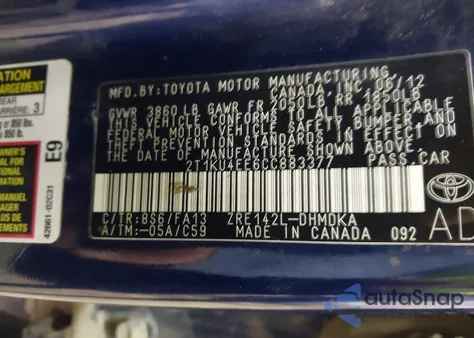 2012 Toyota Matrix L from USA, damaged, VIN 2T1KU4EE6CC883377